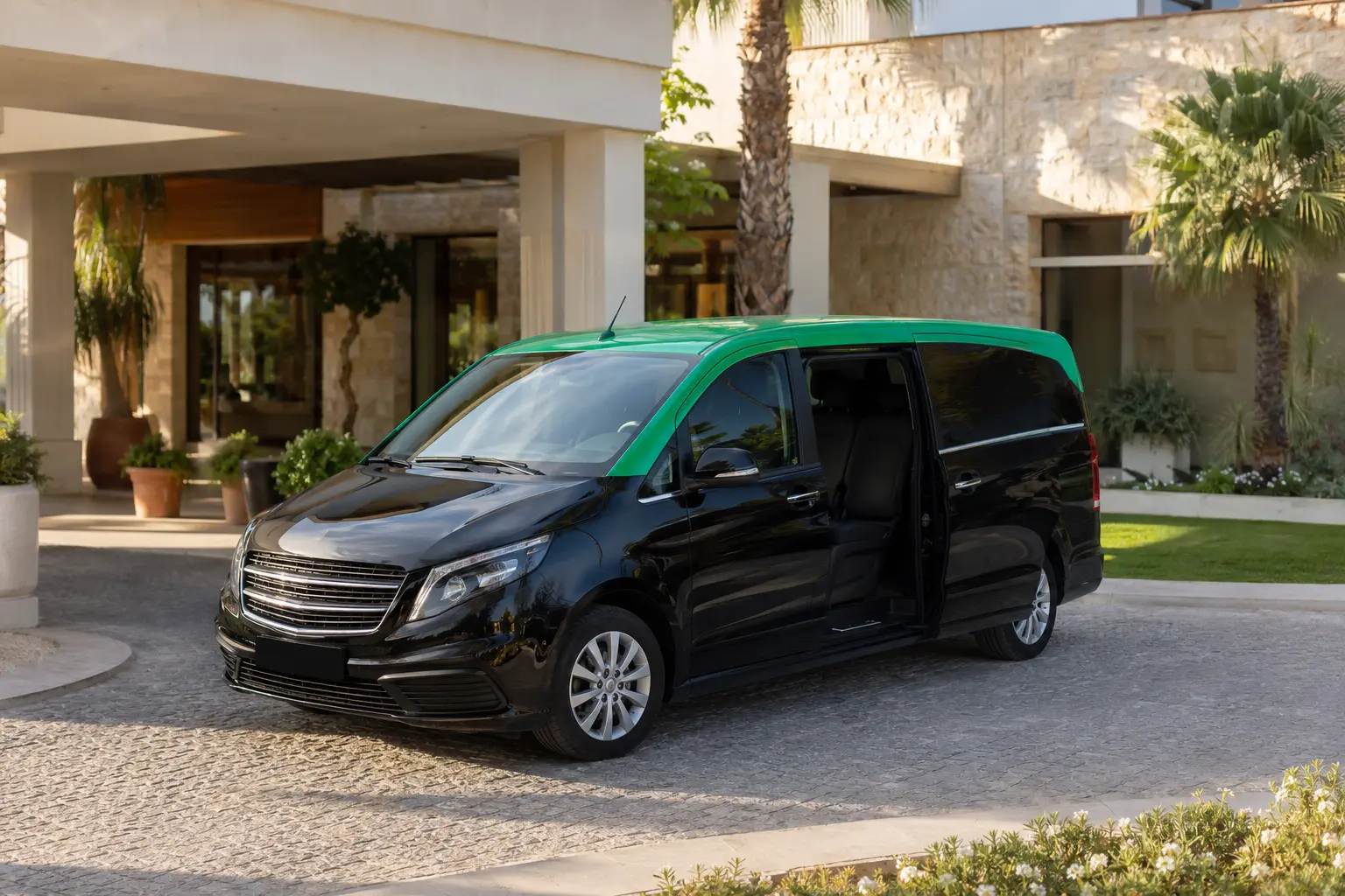 Black and green Portuguese taxi ready for passenger pickup in Vilamoura